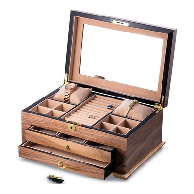 Lacquered Walnut Wood Jewelry Box with Lock & Drawers – view 2