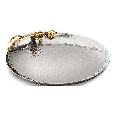 Hammered Stainless Steel Round Tray with Gold Vine Trim