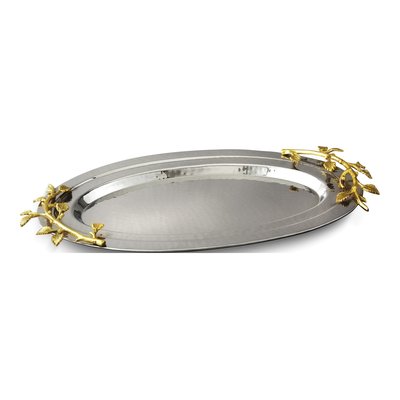 Hammered Stainless Steel Oval Tray with Gold Vine Handles