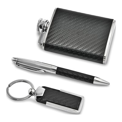 Faux Leather Key Ring, Pen & Flask Gift Set – view 2