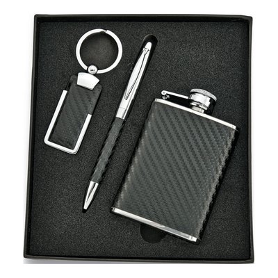 Faux Leather Key Ring, Pen & Flask Gift Set