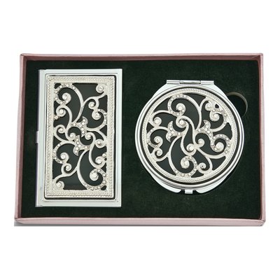 Silver-Tone Crystal Card Case & Compact Mirror Set