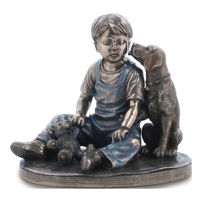 Bronze Tone Resin Boy With Dog Figurine Gift