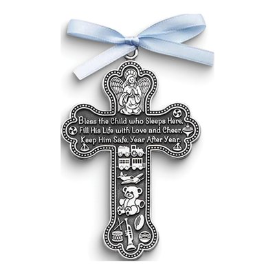 Pewter Crib Cross with Blue Ribbon