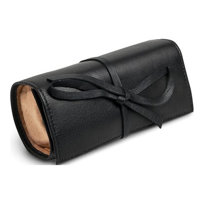 Black Leather Jewelry Roll with Zip Pouch