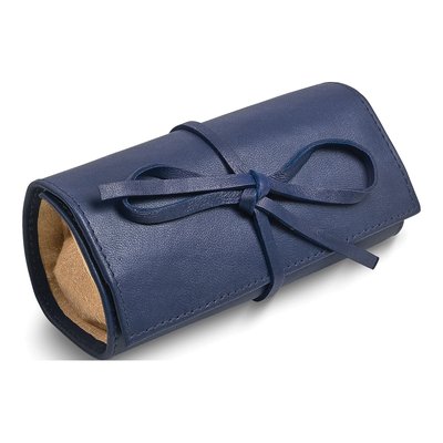 Blue Leather Tie Jewelry Roll with Zippered Pouch