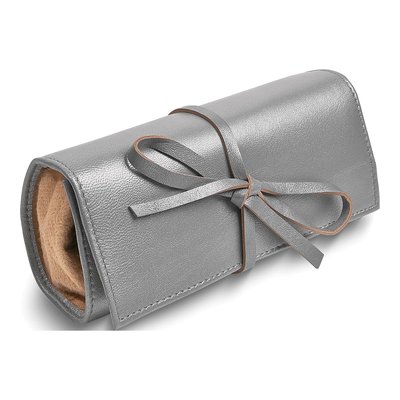 Silver Leather Jewelry Roll with Zippered Pouch