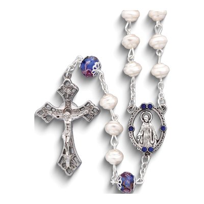 Silver-Tone Crystal & Pearl Rosary, 20 In, Gift Boxed