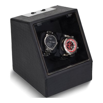 Dual Watch Winder Black Faux Leather, Engravable