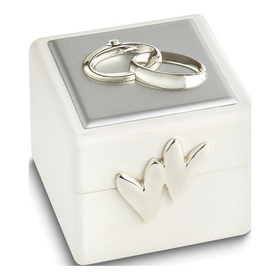 Wooden Wedding Ring Box with Silver-Tone Hearts