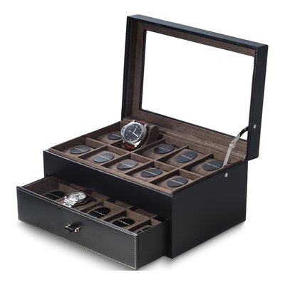 Black Pebbled Leather 20-Watch Storage Box