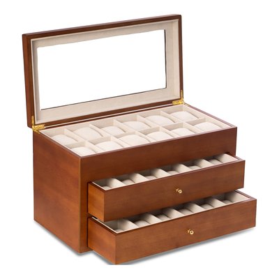 Cherry Wood 36-Watch Box with Glass Lid