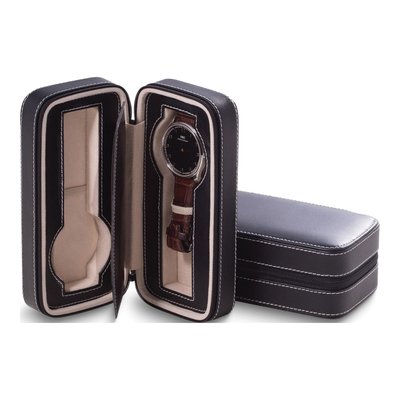 Black Leather 2-Watch Travel Case with Velour Lining