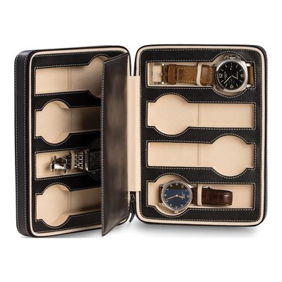 Black Leather Velour-Lined 8-Watch Travel Case