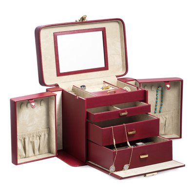 Red Lizard-Textured Leather 3-Drawer Jewelry Case