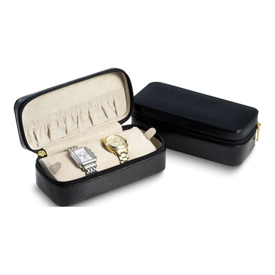 Black Lizard-Textured Leather Watch & Bracelet Travel Case