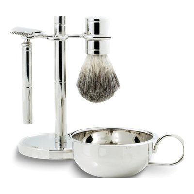 Chrome Shaving Set: Soap Dish, Brush & Razor Stand