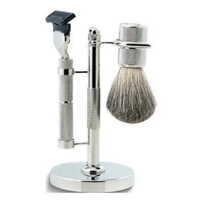 Chrome-Plated Badger Brush & Razor Set with Stand