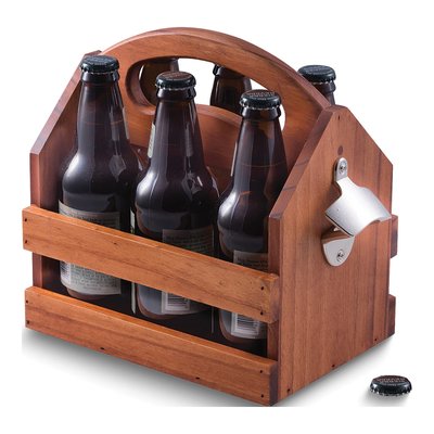 Wood Six Bottle Caddy with Built-In Opener