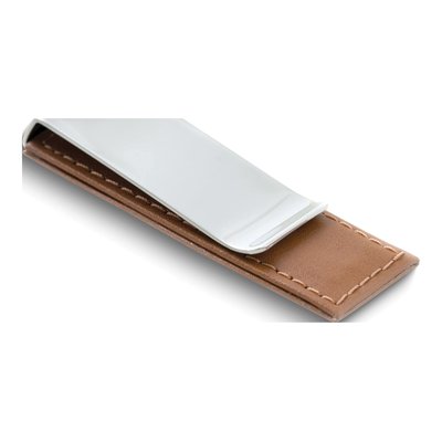 Brown Leather Chrome-Plated Money Clip, Engravable