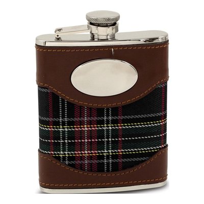 Engravable Flask - Blue Fabric & Brown Leather