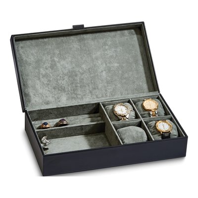Black Leather Velveteen 4-Watch & Jewelry Box