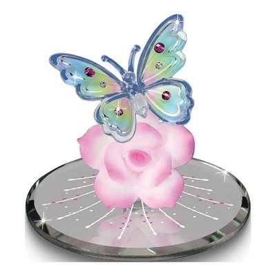 Glass Butterfly Figurine with Crystals & Pink Rose