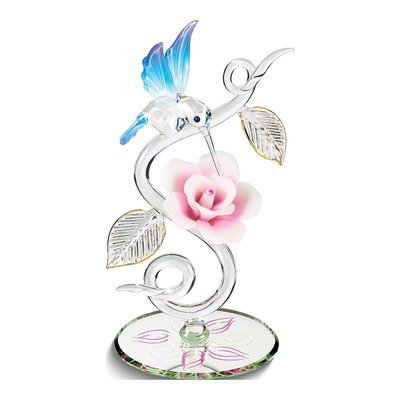 Hummingbird & Pink Rose Glass Figurine Gift