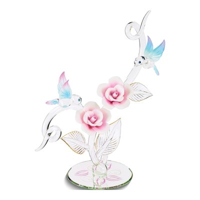 Hummingbirds in Pink Rose Garden Glass Figurine