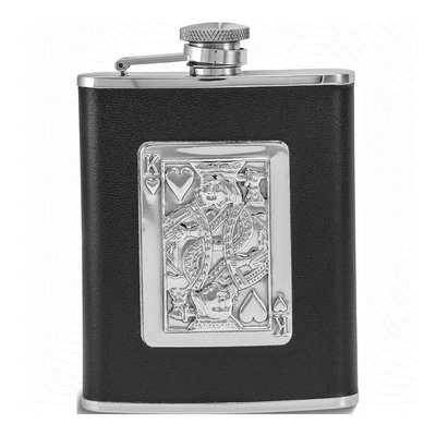 Silver-Tone King of Hearts Leather Flask, 6 oz