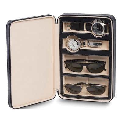 Black Leather Travel Case for 2 Eyeglasses & 2 Watches