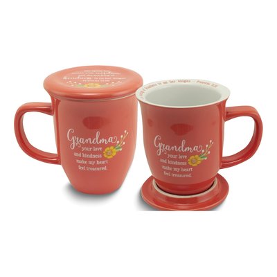 GRANDMA Coral Floral Ceramic Mug & Coaster Set
