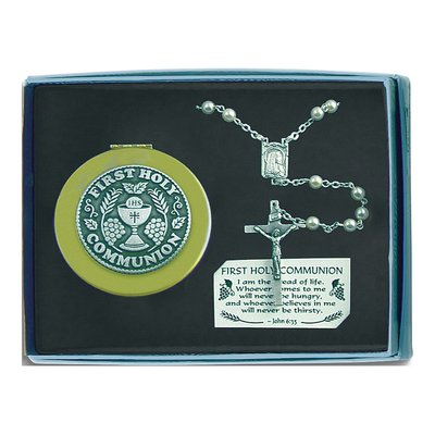 White Crystal First Communion Rosary & Box Set