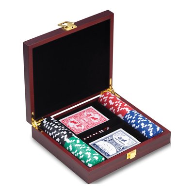 Cherry Wood Case Poker Set - 100 Chips, Cards & Dice