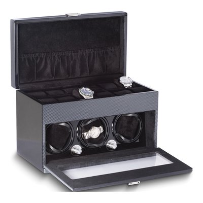 3-Watch Winder w/ 12-Watch Storage, Carbon Fiber