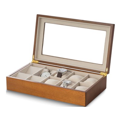 Wooden Watch Case with Glass Lid 6-Wrist, 4-Pocket