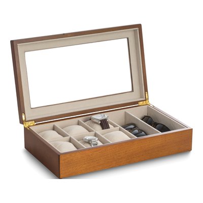 Wooden 6-Watch & 2-Eyeglass Storage Case