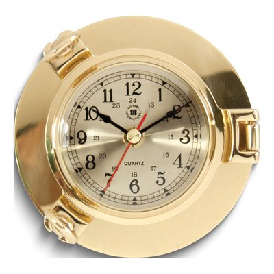 Lacquered Brass Porthole Quartz Clock, Military Time
