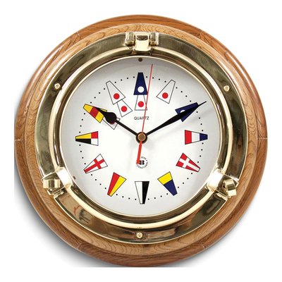Oak Wood Porthole Clock with Nautical Flags Dial