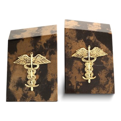 Tiger Eye Marble Bookends with Medical Emblem