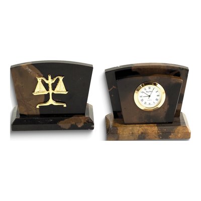 Tiger Eye Marble Legal Emblem Letter Rack & Clock Set