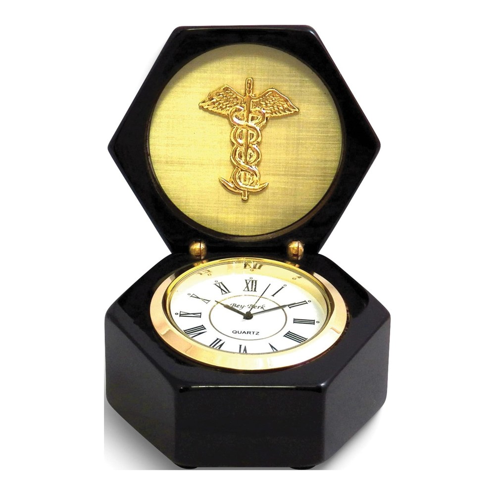 Lacquered Black Wood Quartz Clock with Medical Emblem