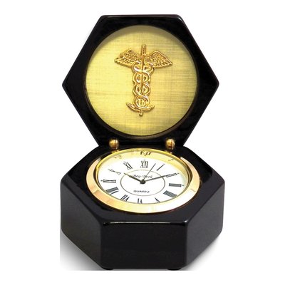 Lacquered Black Wood Quartz Clock with Medical Emblem