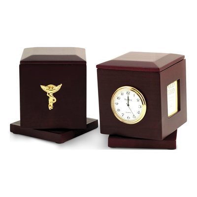 Chiropractor Rosewood Rotating Pen Box W/Two 2X2 Frames And Clock