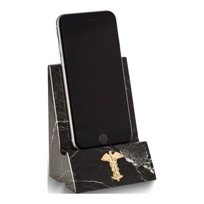 Black Zebra Marble Phone Cradle with Gold Medical Insignia