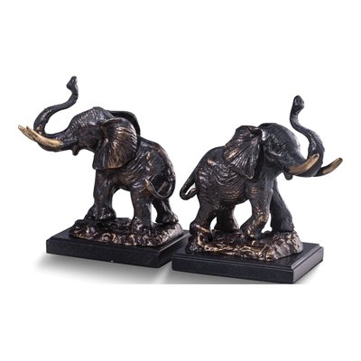 Bronzed Elephant Bookends on Marble Base, Set of 2