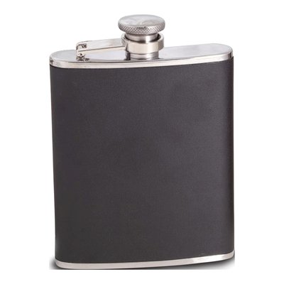 6 oz Stainless Steel Flask with Black Leather Wrap