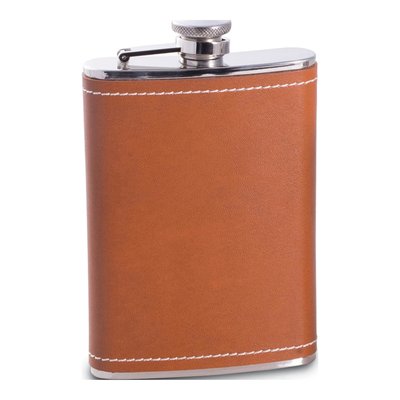 8 oz Leather-Wrapped Stainless Steel Flask, Engravable