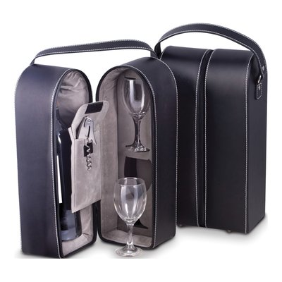 Black Leather Wine Caddy Set with Glasses & Tool
