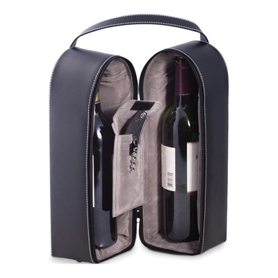 Black Leather Wine Caddy for Two Bottles